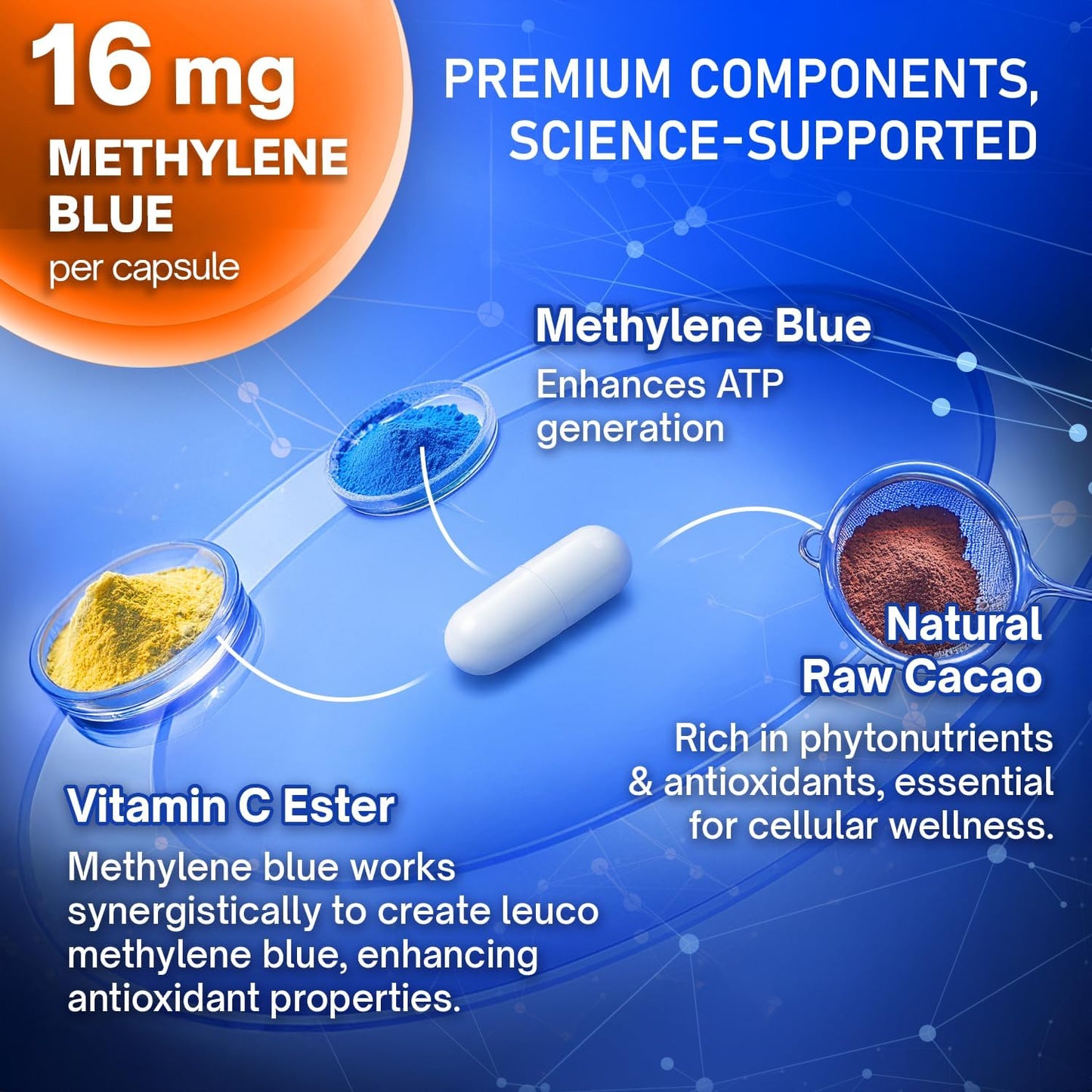 Methylene Blue Capsules - Natural Cacao and Vitamin C Ester for Added Support, Cognitive Supplement
