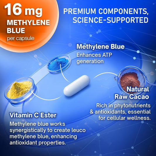 Methylene Blue Capsules - Natural Cacao and Vitamin C Ester for Added Support, Cognitive Supplement