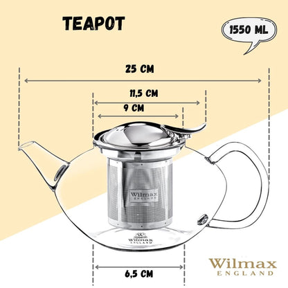 Wilmax Porcelain Thermo Glass Teapot 52 Fl Oz | High temperature and shock resistant