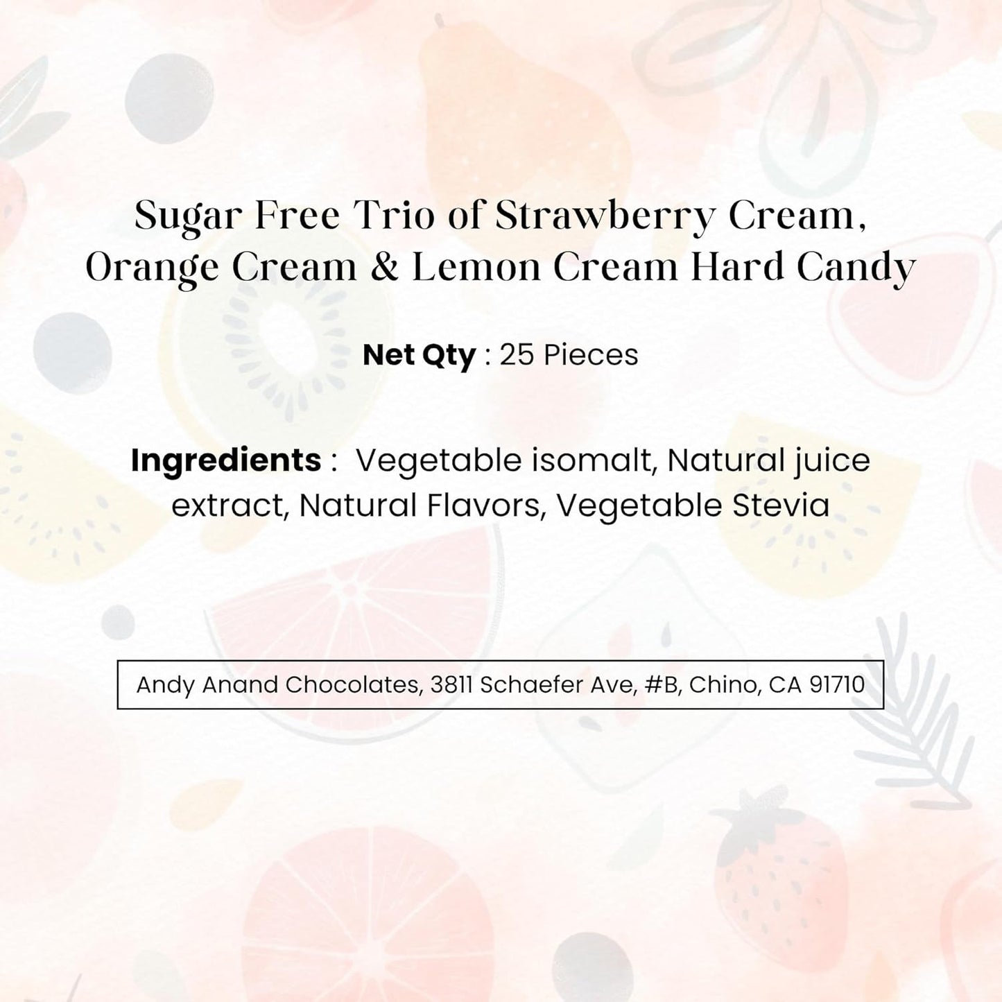 Andy Anand Chocolatier Sugar Free Trio of Strawberry Cream, Orange Cream & Lemon Cream Candy Hard Candy, Unique taste, Flown from Europe 25 Pieces - Sugar & Aspartame Free - Naturally Flavored & Sweetened - Non-GMO, Gluten Free, Keto & Diabetic Friendly