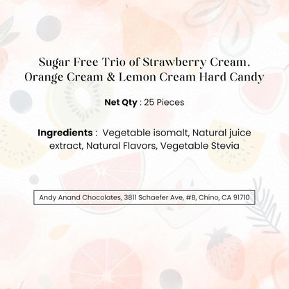 Andy Anand Chocolatier Sugar Free Trio of Strawberry Cream, Orange Cream & Lemon Cream Candy Hard Candy, Unique taste, Flown from Europe 25 Pieces - Sugar & Aspartame Free - Naturally Flavored & Sweetened - Non-GMO, Gluten Free, Keto & Diabetic Friendly