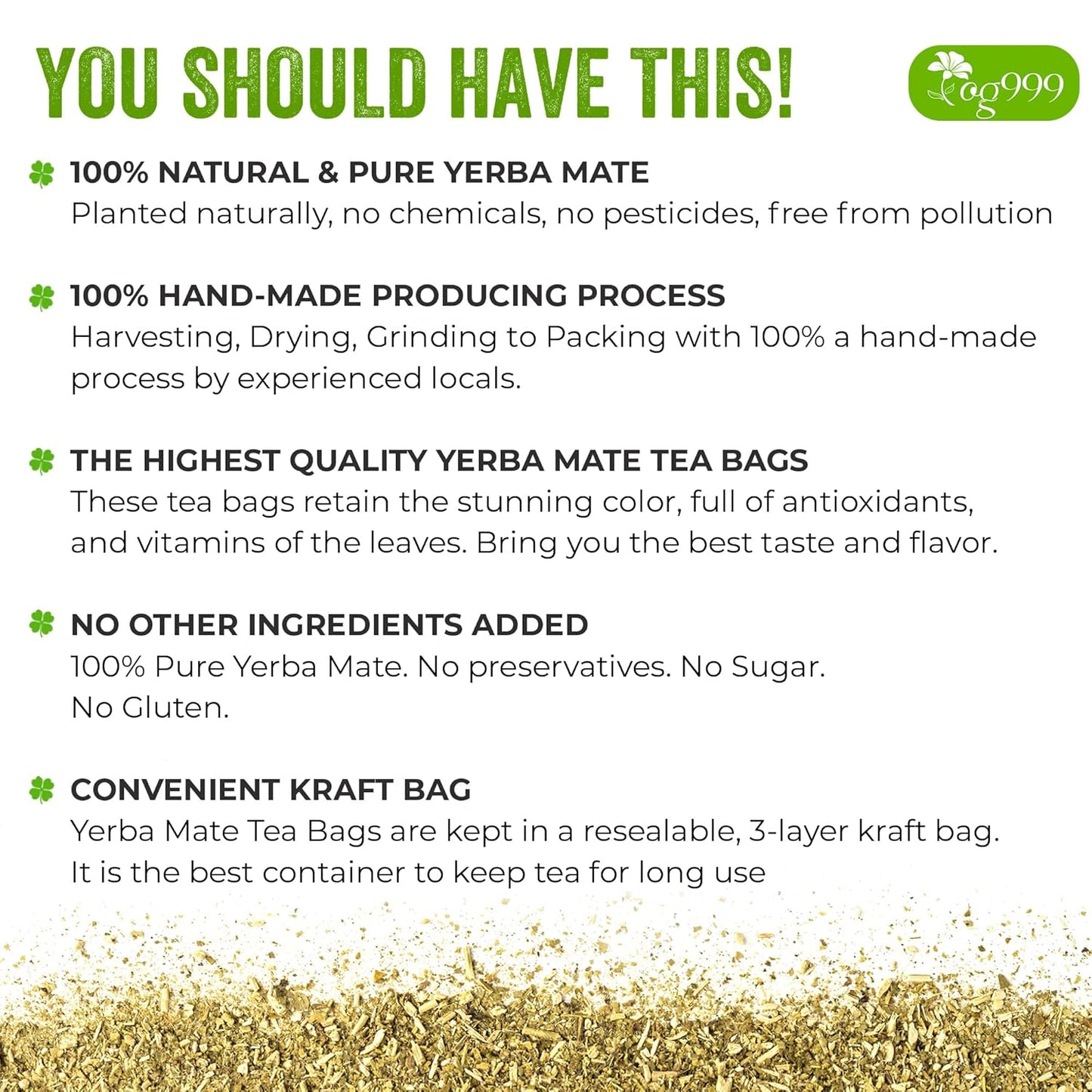 Yerba Mate Tea Bags, Hi-Caffeine, Unsmoked Yerba Mate Tea Bags, Super-Green Yerba Mate, No Dust