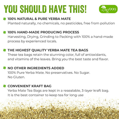 Yerba Mate Tea Bags, Hi-Caffeine, Unsmoked Yerba Mate Tea Bags, Super-Green Yerba Mate, No Dust