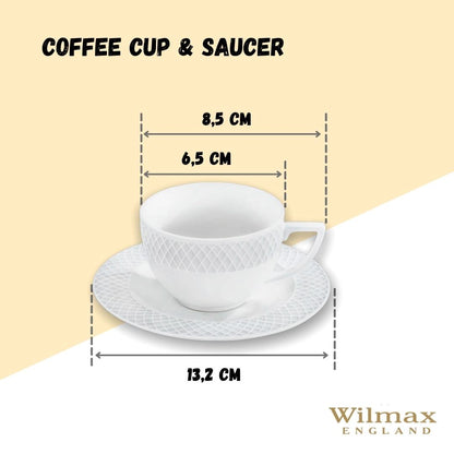 Wilmax Porcelain White 3 Oz | 90 Ml Coffee Cup & Saucer Set Of 6 In Gift Box