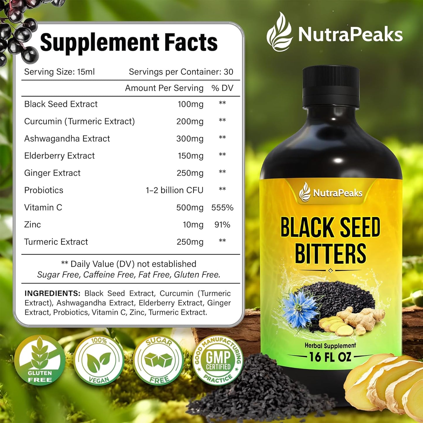 Black Seed Oil Bitters Liquid - 16 fl oz - Premium Herbal Blend with Black Seed Extract, Curcumin (Turmeric Extract), Ashwagandha, Elderberry, Probiotics, Vitamin C, Zinc