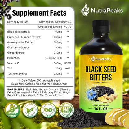 Black Seed Oil Bitters Liquid - 16 fl oz - Premium Herbal Blend with Black Seed Extract, Curcumin (Turmeric Extract), Ashwagandha, Elderberry, Probiotics, Vitamin C, Zinc