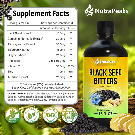 Black Seed Oil Bitters Liquid - 16 fl oz - Premium Herbal Blend with Black Seed Extract, Curcumin (Turmeric Extract), Ashwagandha, Elderberry, Probiotics, Vitamin C, Zinc