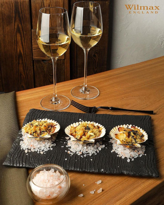 Wilmax Porcelain Set Of 2 Black Porcelain Slate look Rectangular Serving Dish With Crocodile Skin Texture. 11.75" inch X 8.25" inch