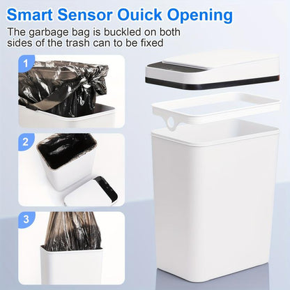 2 Pcs Smart Sports Inductive Ashbin with Lid-4.2 Gallon and 2.6 Gallon Capacity, Contactless Dustbin for Kitchen, Bedroom, Office and Living Room, Wireless Infrared Technology, Fashion White Design, Living Room Dustbin Can Trash Automatic Touchless