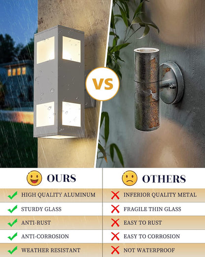 Porch Lights Outdoor Modern - IP64 Waterproof Aluminum and Tempered Glass Cover, 13" Rectangular Up/Down Wall Sconce for Porch, Garage & Patio, Exterior Lighting, White, 2 Pack