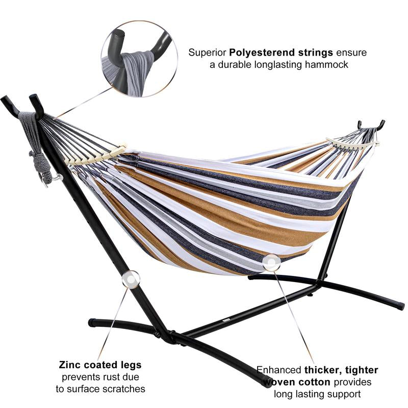 Double Hammock Set with Steel Stand,Brazilian Style Double Hammock Set with Steel Stand 450Lb Capacity Steel Stand, Premium Carry Bag Included, for Backyard, Camping,Garden Double Hammock Canvas Outdoor Patio,Heavy Duty Portable Hammock Stand