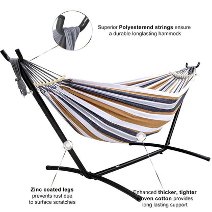 Double Hammock Set with Steel Stand,Brazilian Style Double Hammock Set with Steel Stand 450Lb Capacity Steel Stand, Premium Carry Bag Included, for Backyard, Camping,Garden Double Hammock Canvas Outdoor Patio,Heavy Duty Portable Hammock Stand
