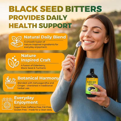 Black Seed Oil Bitters Liquid - 16 fl oz - Premium Herbal Blend with Black Seed Extract, Curcumin (Turmeric Extract), Ashwagandha, Elderberry, Probiotics, Vitamin C, Zinc