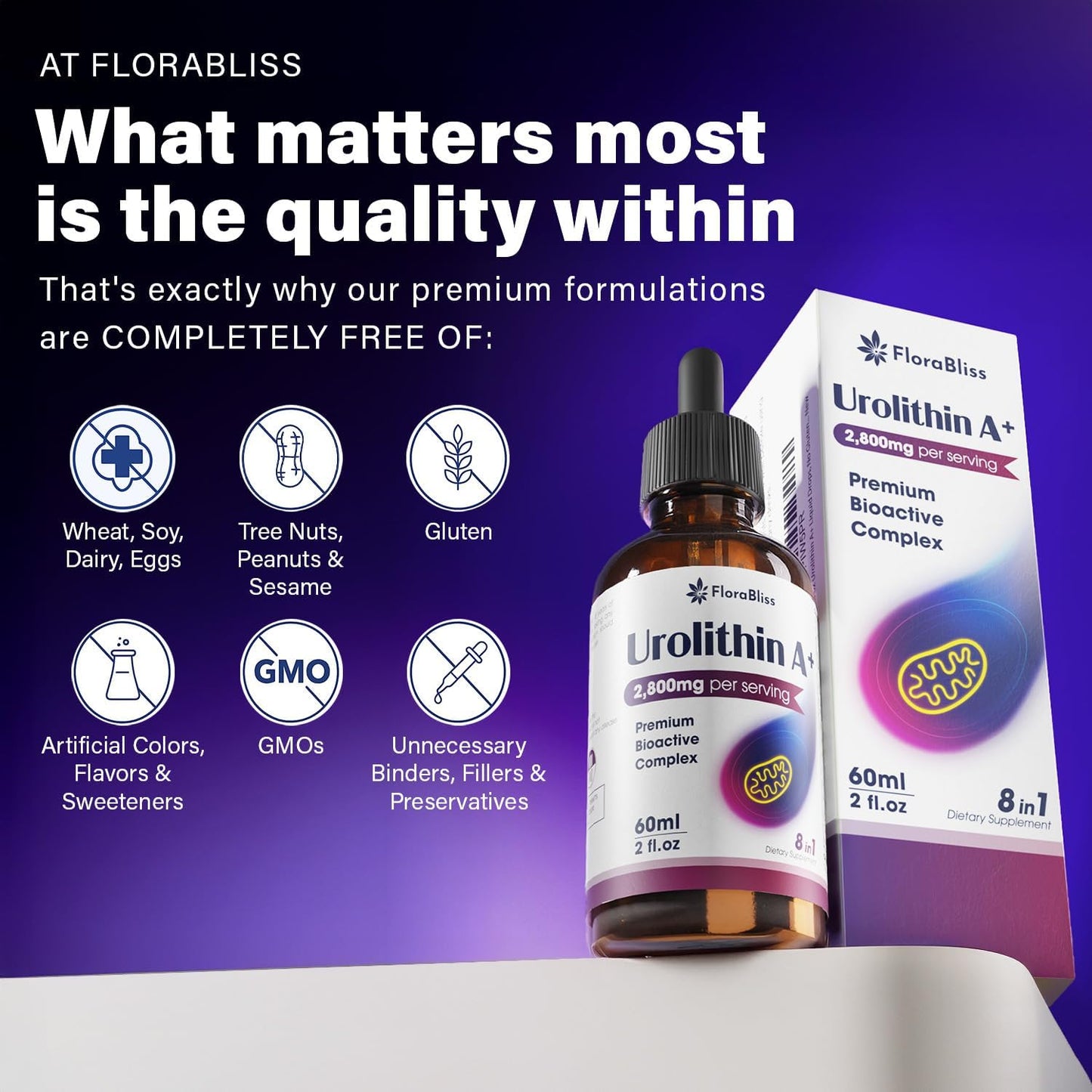 Urolithin A Supplement 2800 mg Liquid Drops | with Trans-Resveratrol, Collagen Peptides, Pomegranate Extract, Hyaluronic Acid, Vitamin E & C