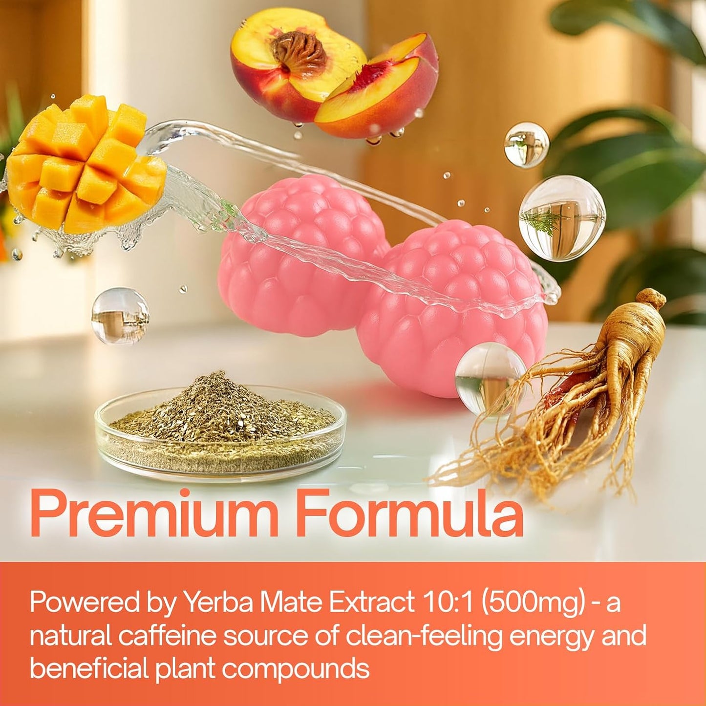 Yerba Mate Gummies – Super Focus & Energy Support – Formulated with Yerba Mate Extract, L-Theanine, Rhodiola, Ginseng, Choline, B12 – Peach Mango Flavor