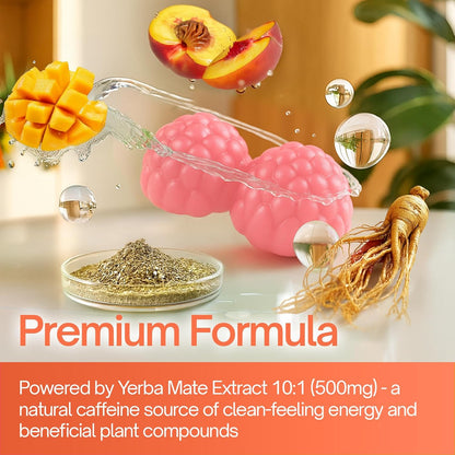 Yerba Mate Gummies – Super Focus & Energy Support – Formulated with Yerba Mate Extract, L-Theanine, Rhodiola, Ginseng, Choline, B12 – Peach Mango Flavor
