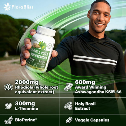 Rhodiola Rosea 2000mg with Ashwagandha KSM-66, L-Theanine, Holy Basil & BioPerine - High Potency Vegan Capsules