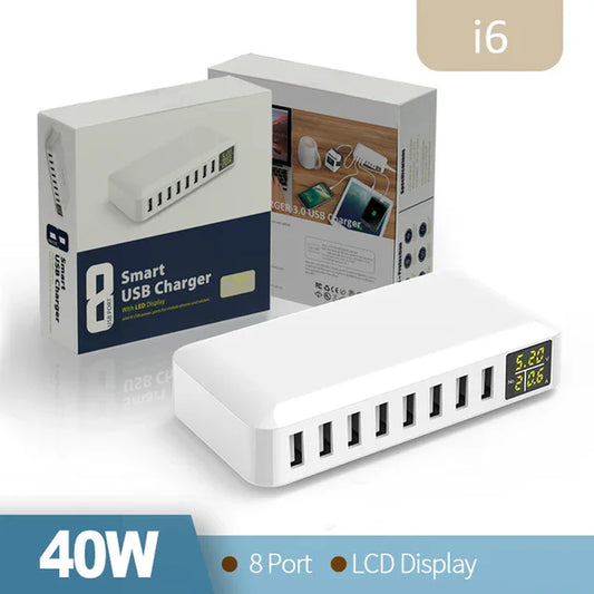 60W 8 Port USB Fast Charger QC3.0 HUB Smart Quick Charge with LED Display Multi USB Charging Station Mobile Phone Desktop Home