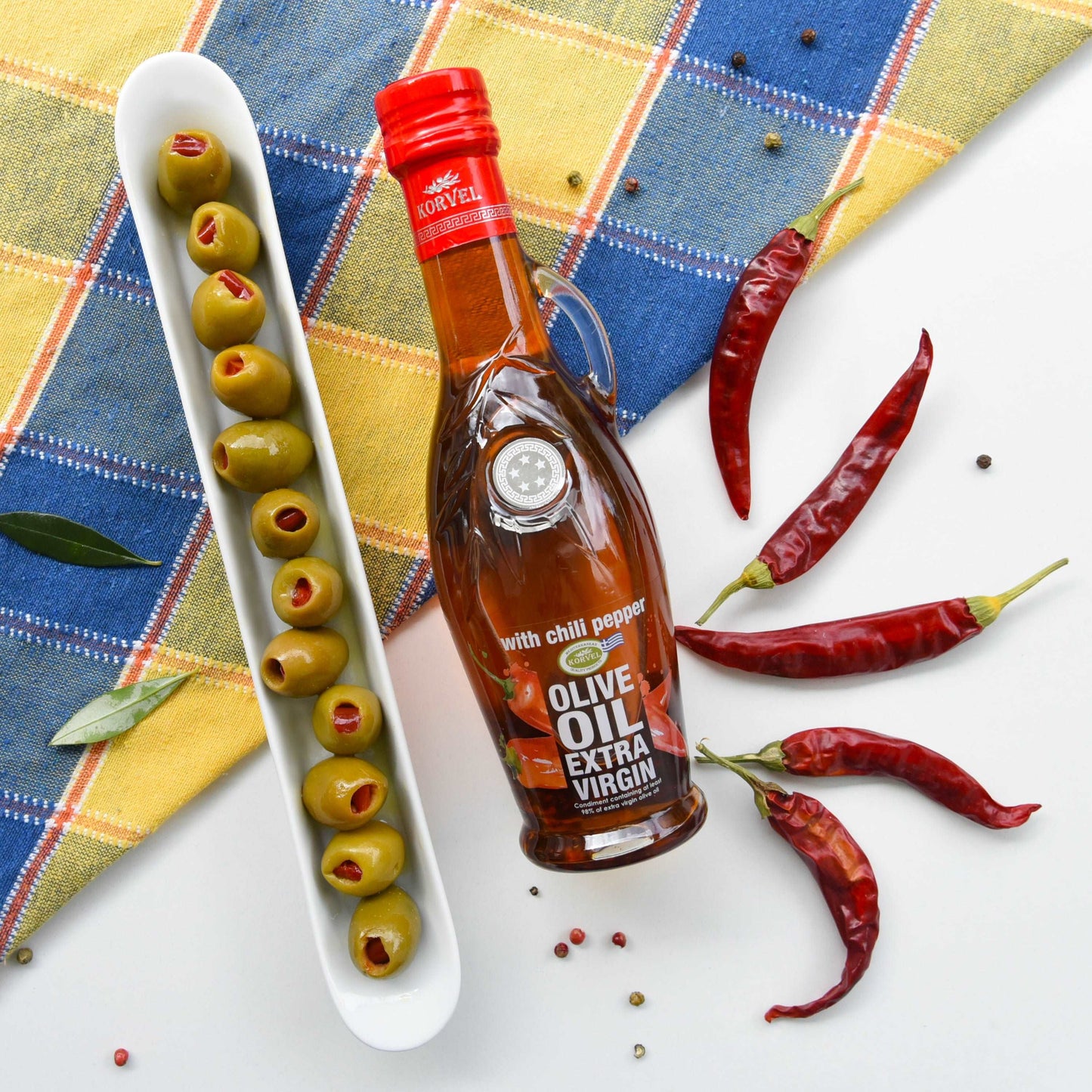 KORVEL Greek Extra Virgin Olive Oil with Chili Pepper, Amphora 8.45 fl oz (250ml)