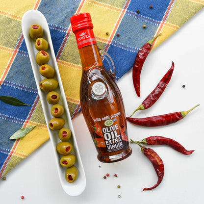 KORVEL Greek Extra Virgin Olive Oil with Chili Pepper, Amphora 8.45 fl oz (250ml)