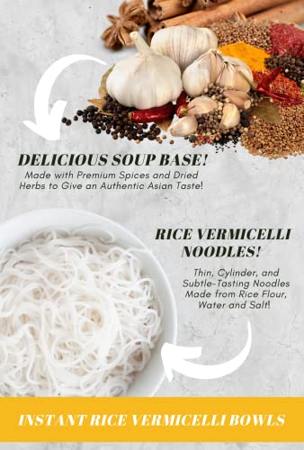 SIMPLY FOOD Instant Spicy Hue Styled Rice Vermicelli Noodles (Bún Bò Huế) - 9 BOWLS/ 72g each – Thin, White, Round, Rice Vermicelli Noodles in a Spicy Hue Styled Broth