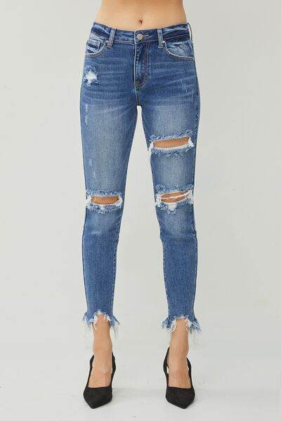 RISEN Distressed Frayed Hem Slim Women Jeans