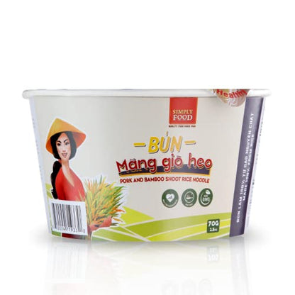 SIMPLY FOOD Instant Pork and Bamboo Shoot Rice Vermicelli Noodles (Bún Măng Giò Heo) - 9 BOWLS/ 70g each – Thin, White, Round, Rice Vermicelli Noodles in a Delicious Pork and Bamboo Shoot Broth