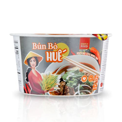 SIMPLY FOOD Instant Spicy Hue Styled Rice Vermicelli Noodles (Bún Bò Huế) - 9 BOWLS/ 72g each – Thin, White, Round, Rice Vermicelli Noodles in a Spicy Hue Styled Broth