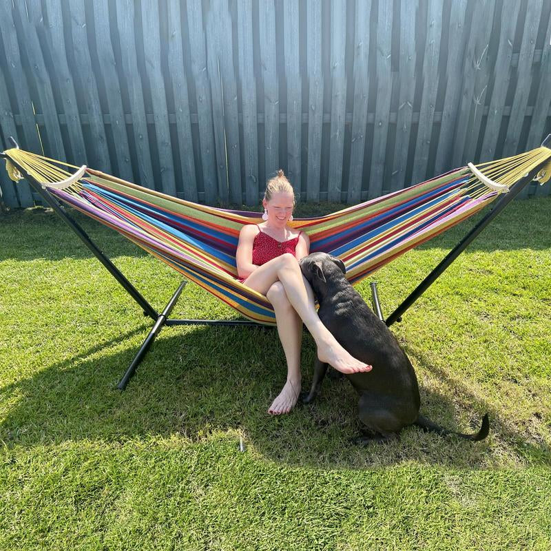 Double Hammock Set with Steel Stand,Brazilian Style Double Hammock Set with Steel Stand 450Lb Capacity Steel Stand, Premium Carry Bag Included, for Backyard, Camping,Garden Double Hammock Canvas Outdoor Patio,Heavy Duty Portable Hammock Stand