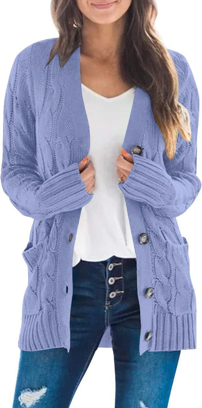 Women'S 2025 Fall Long Sleeve Cable Knit Sweater Open Front Cardigan Button Loose Outerwear