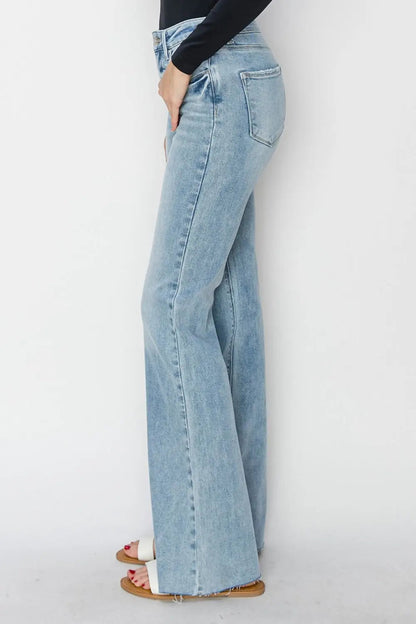 RISEN Full Size High Rise Raw Cut Hem Bootcut Jeans