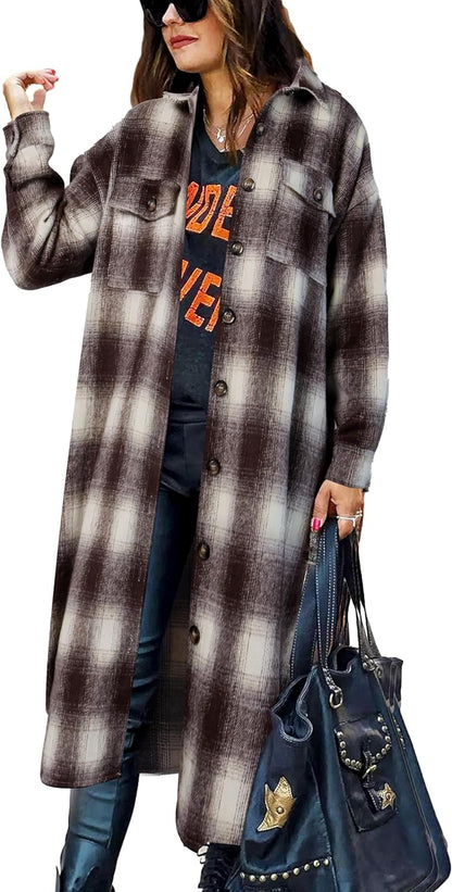 Women'S Flannel Plaid Shacket Fall Oversized Long Button down Shirt Jacket Shackets