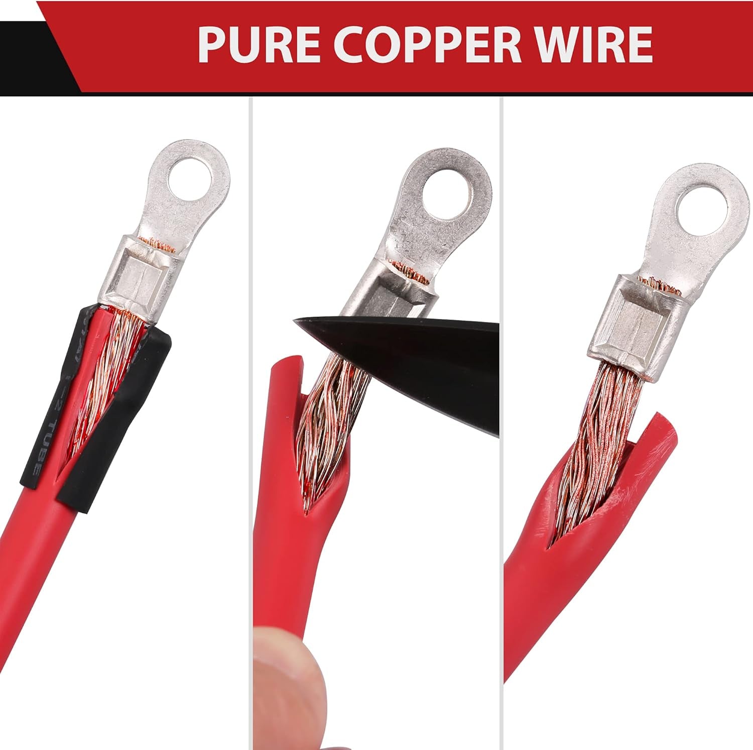 8 AWG Battery Cables, 8 Gauge 2 Feet Red + 2 Feet Black Pure Copper Wires with 3/8" Lugs Both Ends for Car Marine Solar Lawn Mower Motorcycle