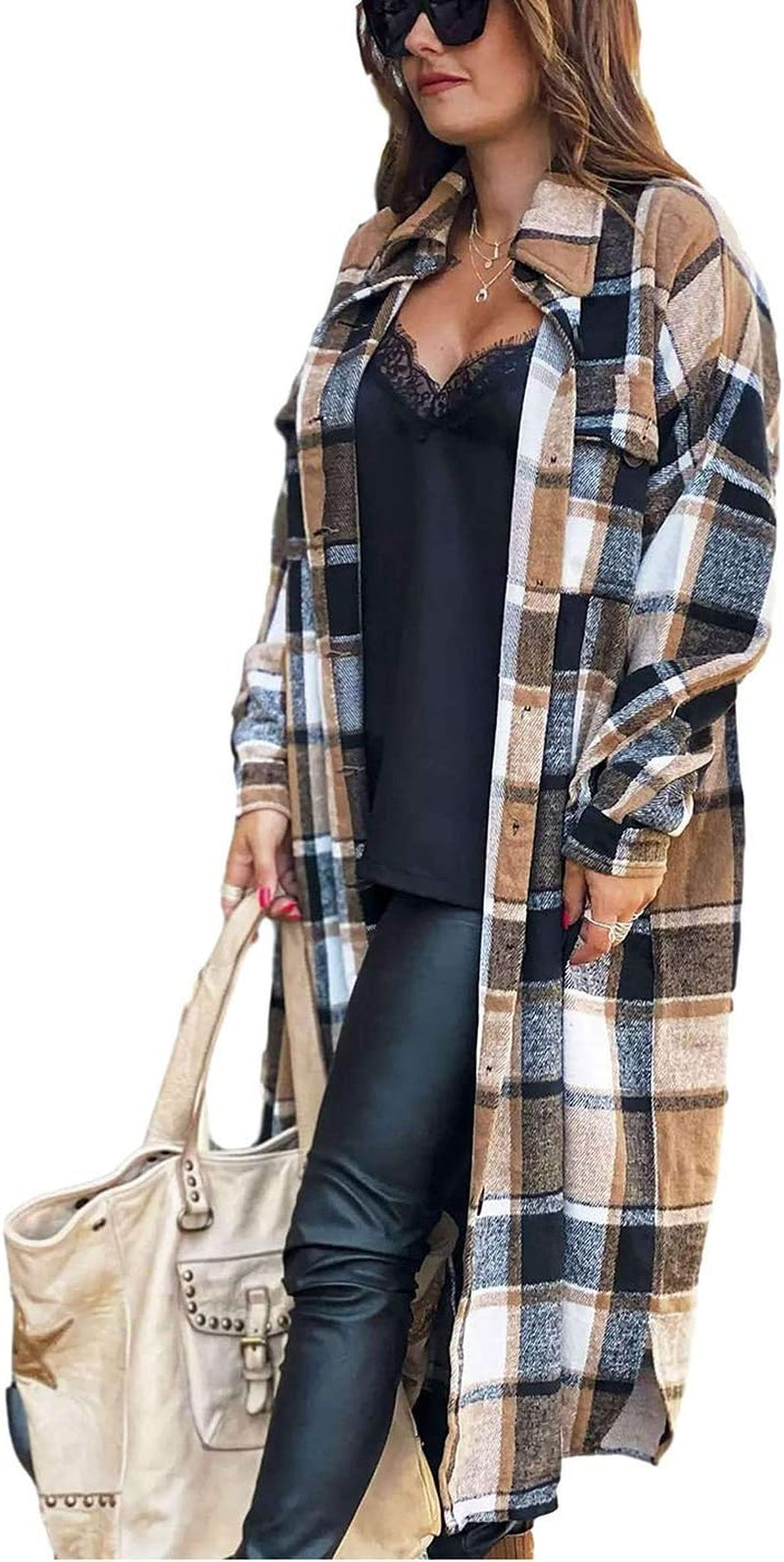 Women'S Flannel Plaid Shacket Fall Oversized Long Button down Shirt Jacket Shackets