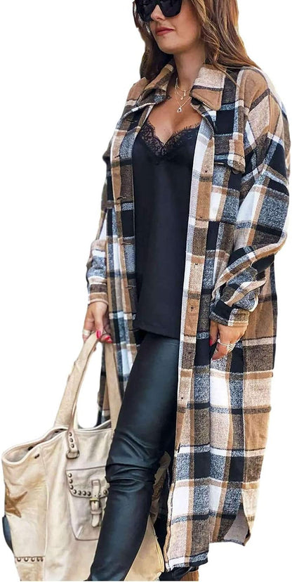 Women'S Flannel Plaid Shacket Fall Oversized Long Button down Shirt Jacket Shackets