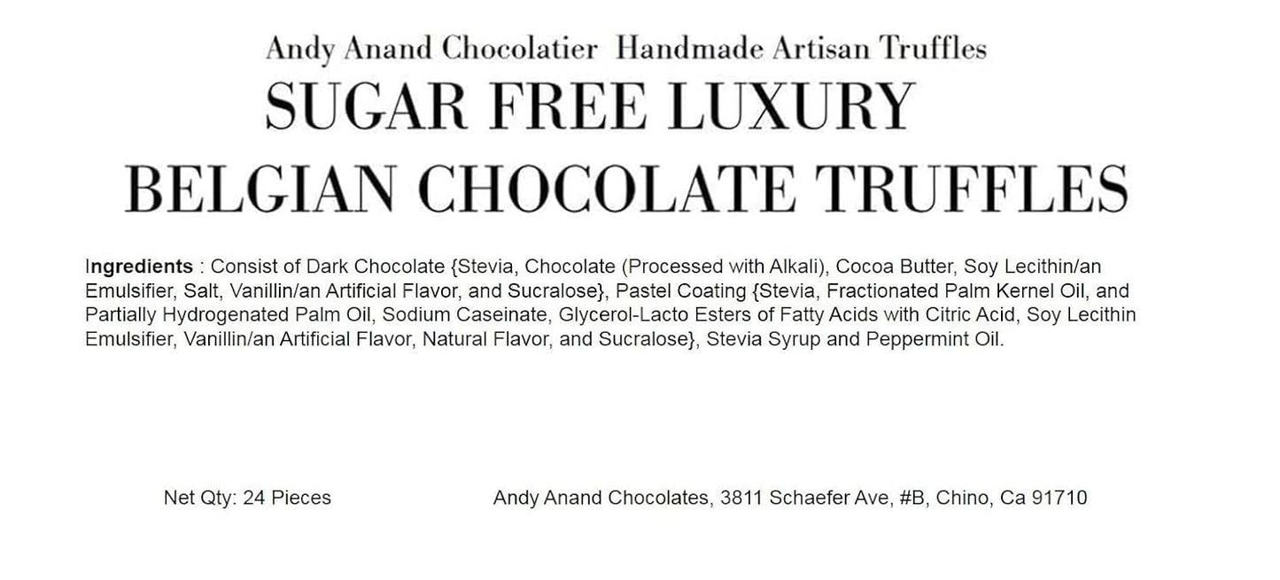 Andy Anand Sugar Free Belgian Chocolate Truffles – 24 Pc Assorted Flavors (Espresso, Hazelnut, Strawberry, Coconut, Cherry & Orange), 60% Chocolate (Cocoa Butter), Gluten-Free Chocolate Gift Box