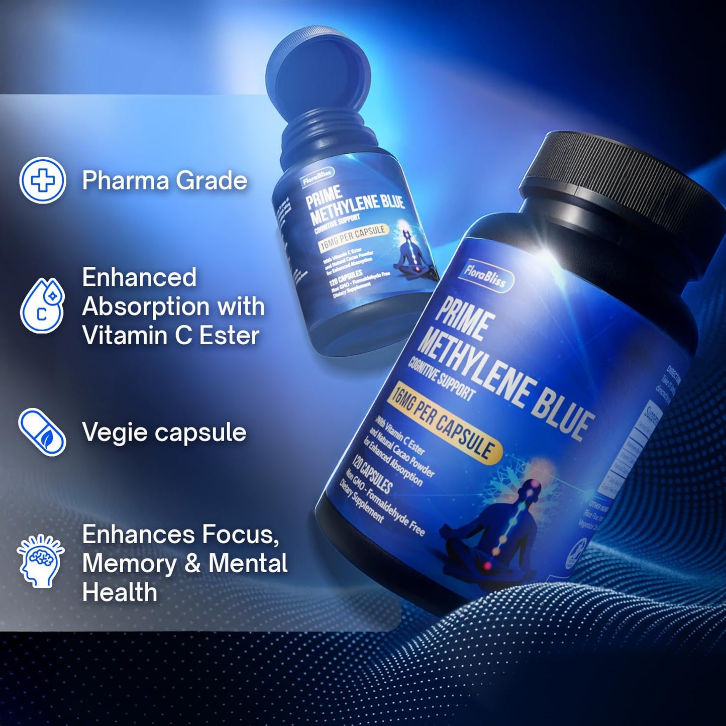 Methylene Blue Capsules - Natural Cacao and Vitamin C Ester for Added Support, Cognitive Supplement