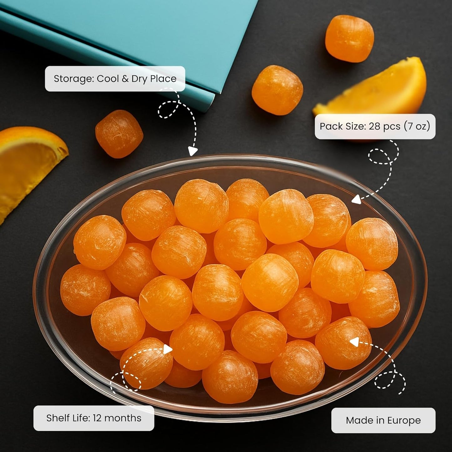 Andy Anand Chocolatier Sugar Free Sour Orange Hard Candy Boiled in Copper Kettle for Unique Taste - Naturally Flavored & Sweetened - Non-GMO, Gluten Free, Keto & Diabetic Friendly, Europe Special (28 Pcs - 7 Oz)