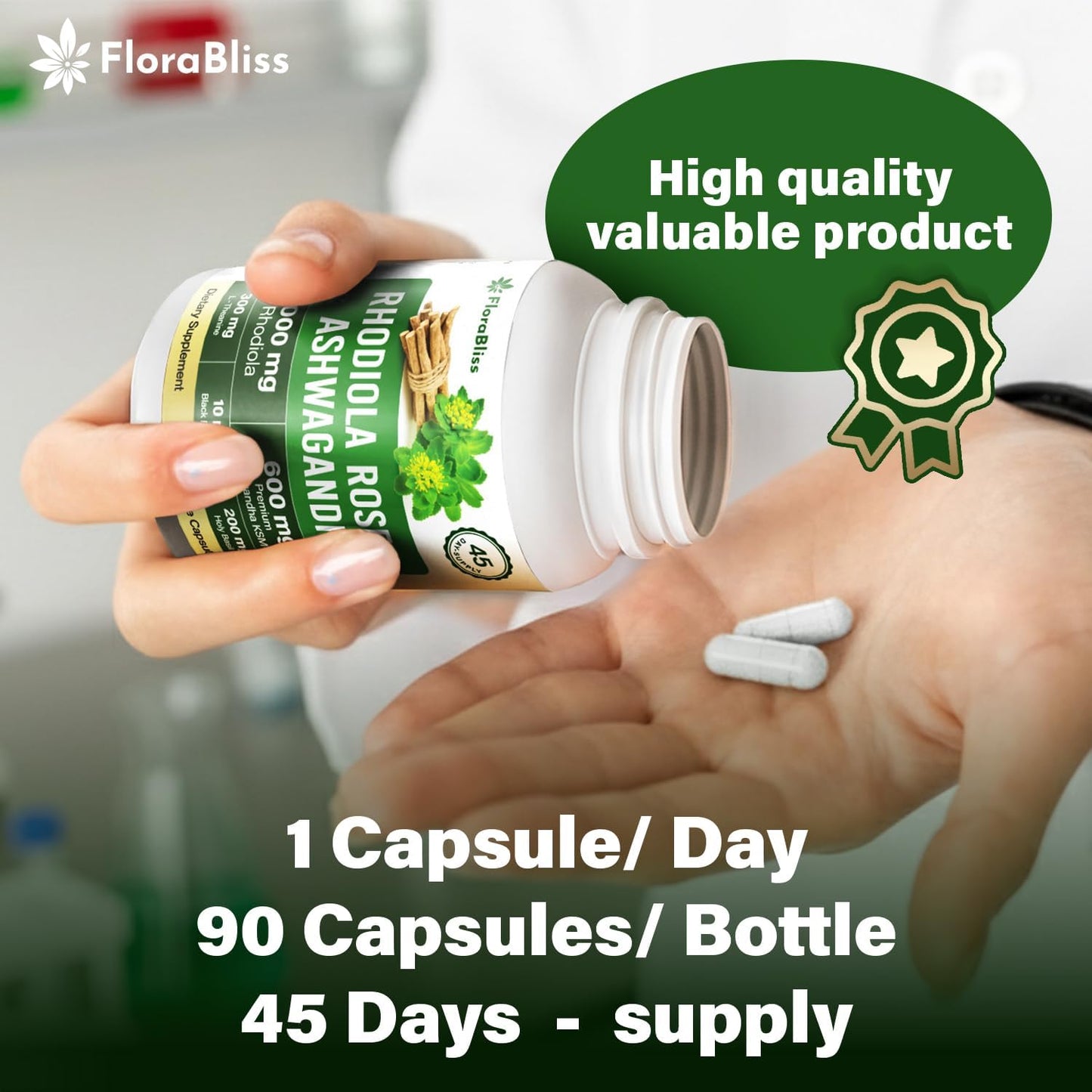 Rhodiola Rosea 2000mg with Ashwagandha KSM-66, L-Theanine, Holy Basil & BioPerine - High Potency Vegan Capsules