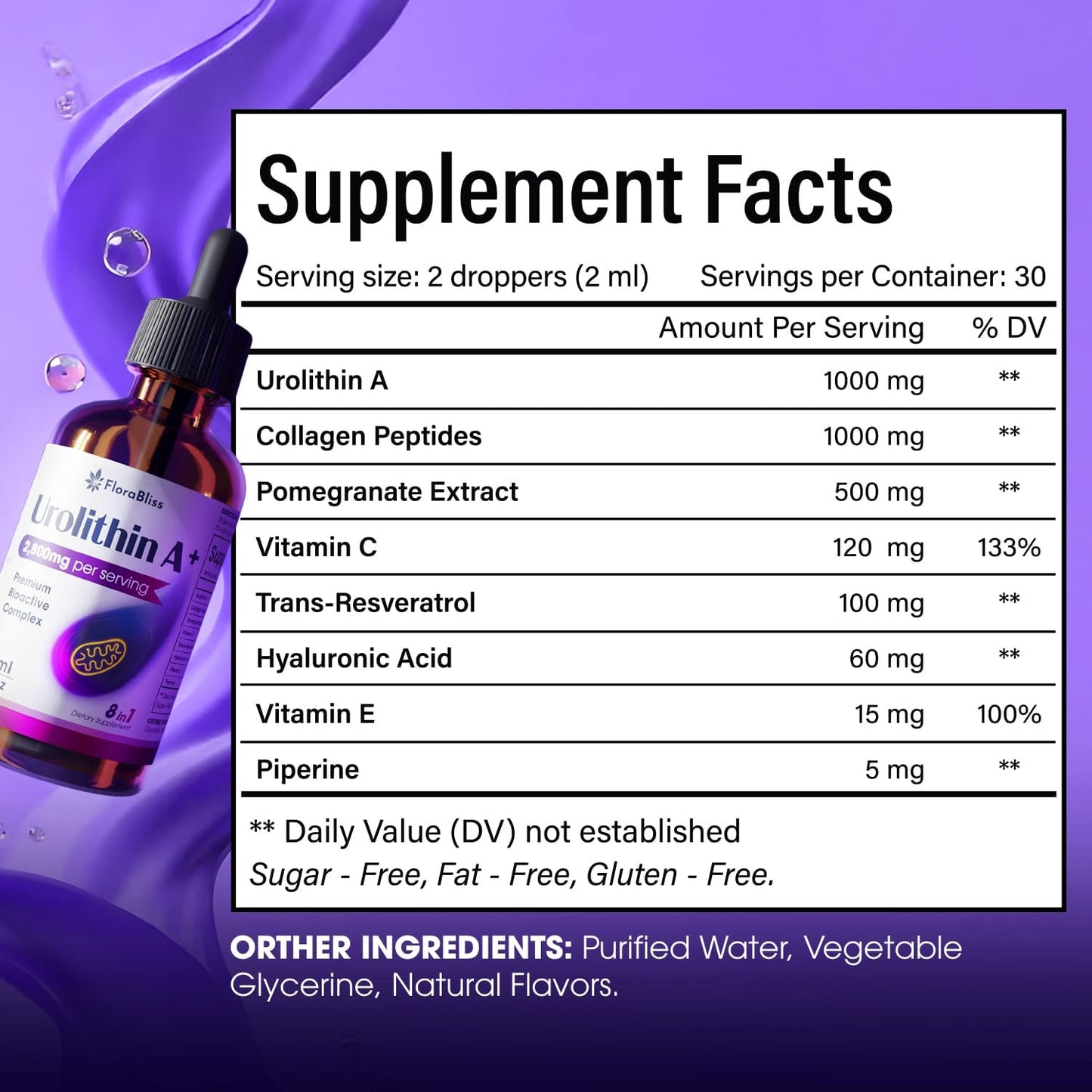 Urolithin A Supplement 2800 mg Liquid Drops | with Trans-Resveratrol, Collagen Peptides, Pomegranate Extract, Hyaluronic Acid, Vitamin E & C