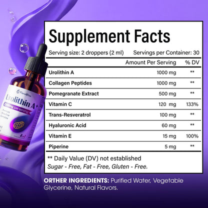 Urolithin A Supplement 2800 mg Liquid Drops | with Trans-Resveratrol, Collagen Peptides, Pomegranate Extract, Hyaluronic Acid, Vitamin E & C