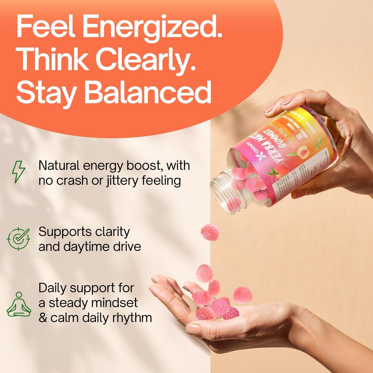 Yerba Mate Gummies – Super Focus & Energy Support – Formulated with Yerba Mate Extract, L-Theanine, Rhodiola, Ginseng, Choline, B12 – Peach Mango Flavor