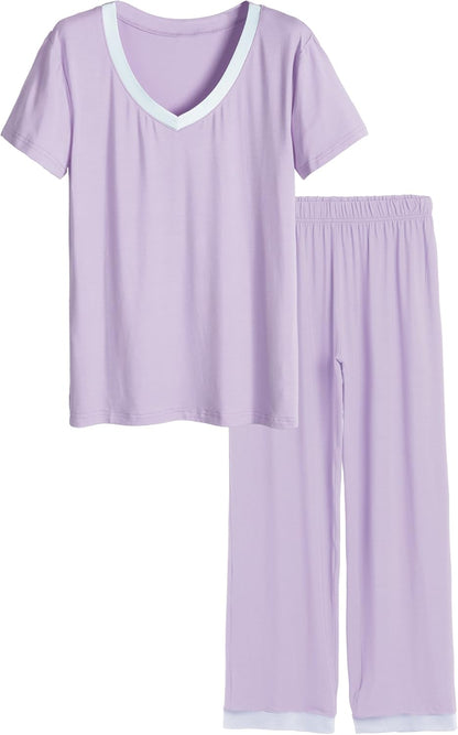 Women'S V-Neck Sleepwear Short Sleeves Top with Pants Pajama Set