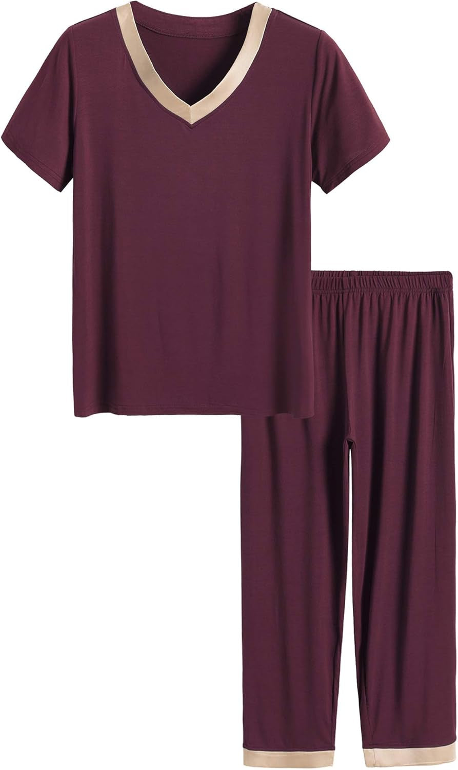 Women'S V-Neck Sleepwear Short Sleeves Top with Pants Pajama Set
