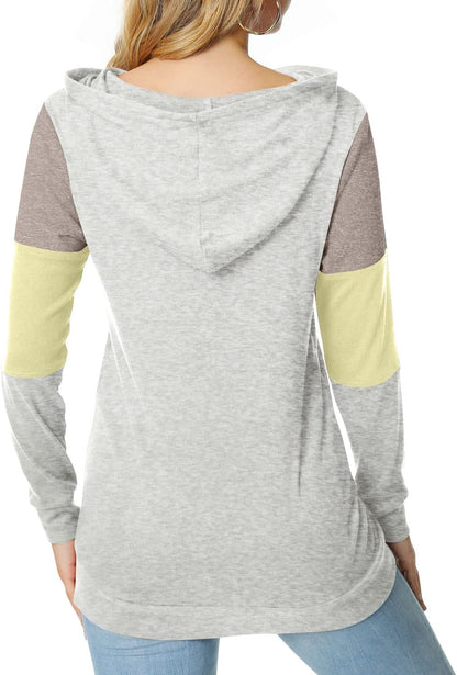 Women'S Casual Drawstring Pullover Tunic Top Long Sleeve Color Block Hoodie Sweatshirts with Pocket