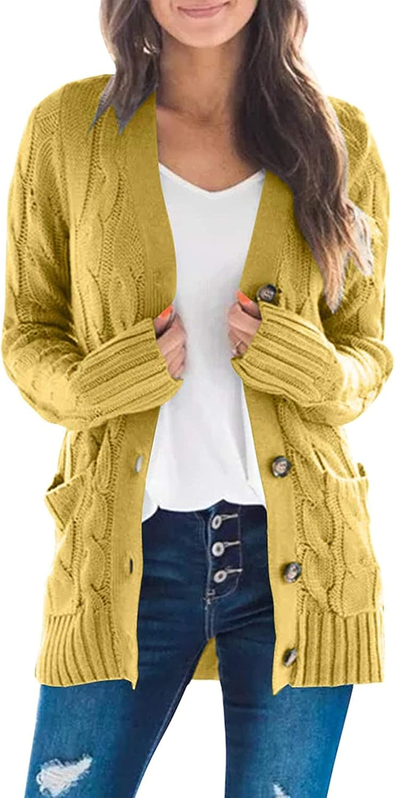 Women'S 2025 Fall Long Sleeve Cable Knit Sweater Open Front Cardigan Button Loose Outerwear