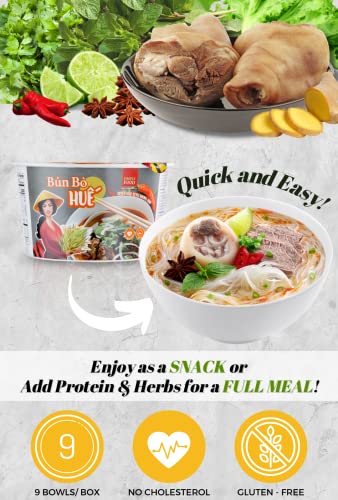 SIMPLY FOOD Instant Spicy Hue Styled Rice Vermicelli Noodles (Bún Bò Huế) - 9 BOWLS/ 72g each – Thin, White, Round, Rice Vermicelli Noodles in a Spicy Hue Styled Broth
