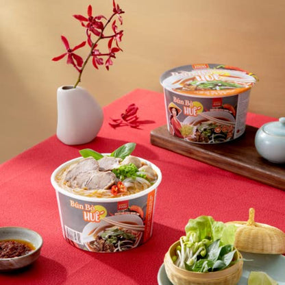 SIMPLY FOOD Instant Spicy Hue Styled Rice Vermicelli Noodles (Bún Bò Huế) - 9 BOWLS/ 72g each – Thin, White, Round, Rice Vermicelli Noodles in a Spicy Hue Styled Broth