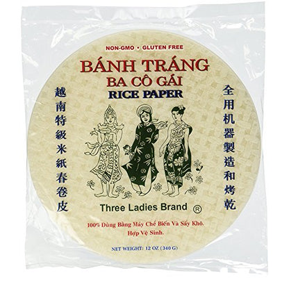 Three Ladies Banh Trang Spring Roll Rice Paper Wrappers Round, 16cm