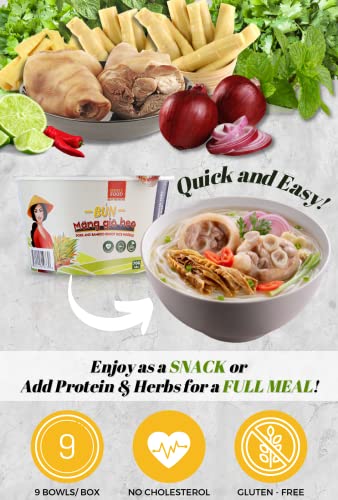 SIMPLY FOOD Instant Pork and Bamboo Shoot Rice Vermicelli Noodles (Bún Măng Giò Heo) - 9 BOWLS/ 70g each – Thin, White, Round, Rice Vermicelli Noodles in a Delicious Pork and Bamboo Shoot Broth